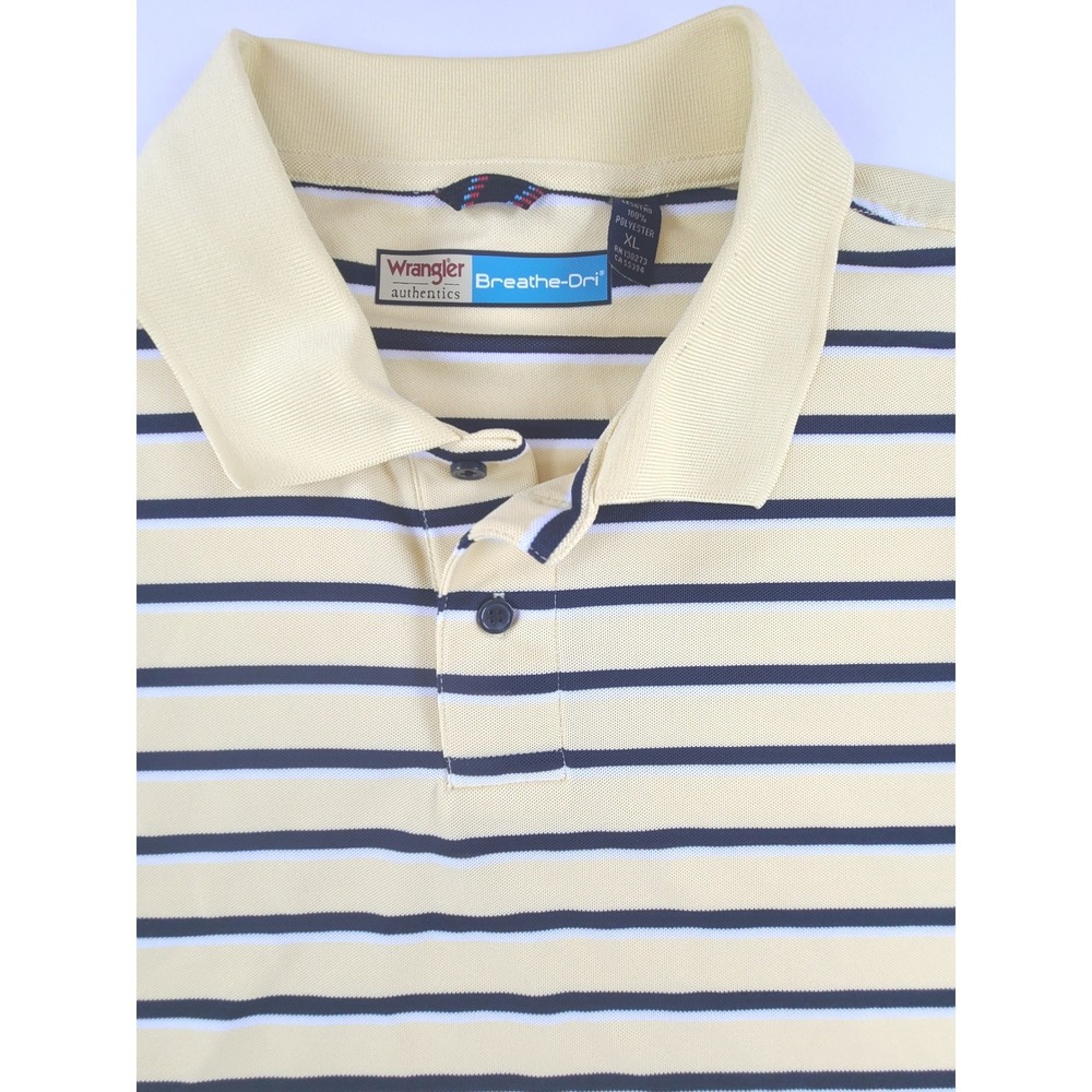Wrangler Authentics Breathe-Dri Polo Shirt Mens XL Yellow Navy Striped Knit Golf